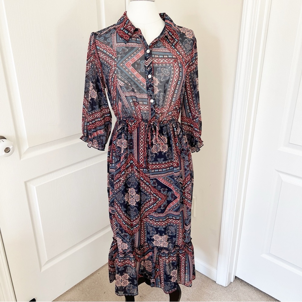 Stella And Julie Paisley Blue Red Midi Dress 8 Bohemian Western Rodeo Sheer Top